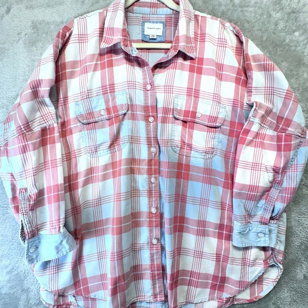 American Eagle Oversized Plaid Shirt Womens XL Pink Blue Cotton Button Down Fall - Picture 5 of 16